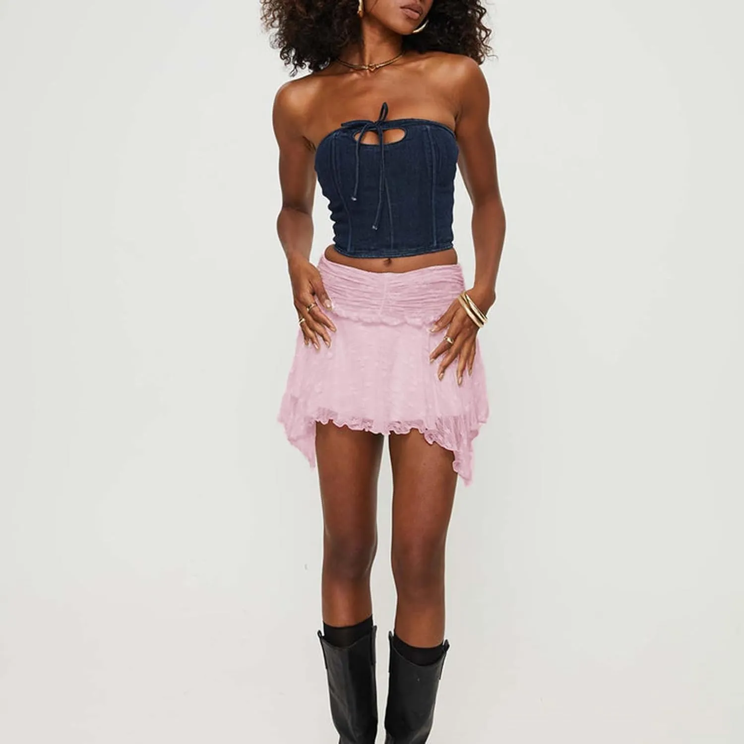 KOSUSANILL Ruffle Lace Mini Skirt Women Y2k Layered Low Rise Flowy Pleated Mesh Half Slip Tiered Halloween Costume Underskirt