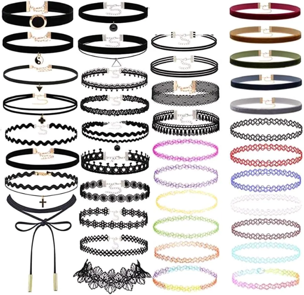 Lace Choker Classic Colorful Gothic Collar Choker Necklace Set with Pendant 40PCS, Lace Choker