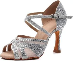 Ladies Ballroom Latin Dance Shoes Color Rhinestone Ballroom Party Performance Shoes 3.5 Inch Ladies High Heels Silver