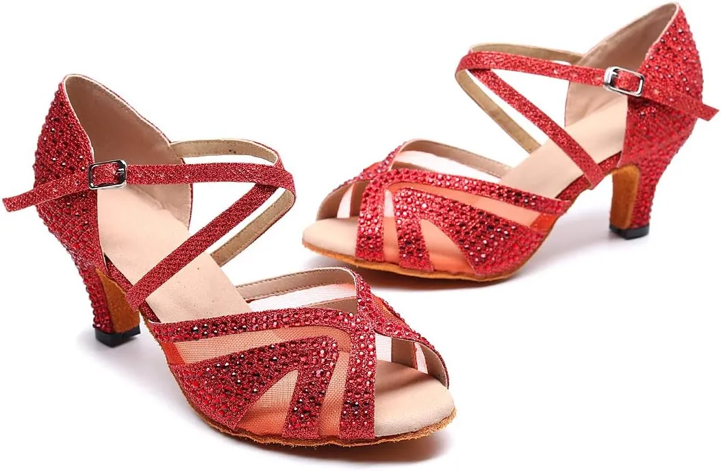 Ladies Ballroom Latin Dance Shoes Color Rhinestone Ballroom Party Performance Shoes 3.5 Inch Ladies High Heels