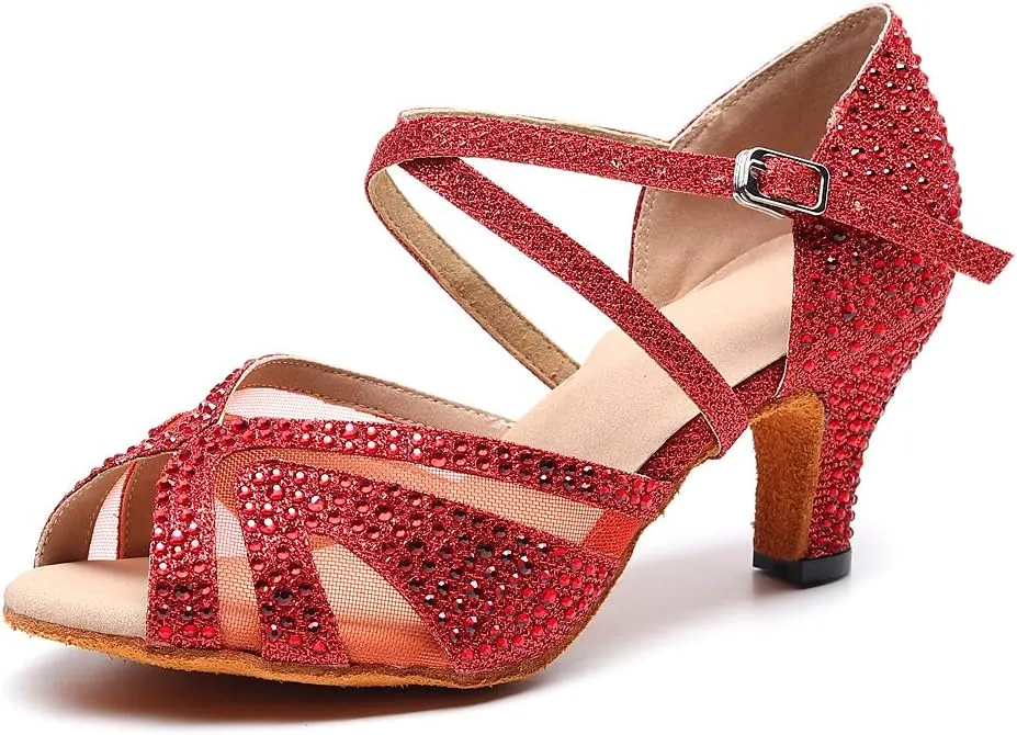 Ladies Ballroom Latin Dance Shoes Color Rhinestone Ballroom Party Performance Shoes 3.5 Inch Ladies High Heels