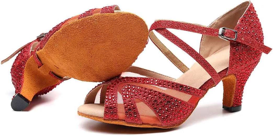 Ladies Ballroom Latin Dance Shoes Color Rhinestone Ballroom Party Performance Shoes 3.5 Inch Ladies High Heels