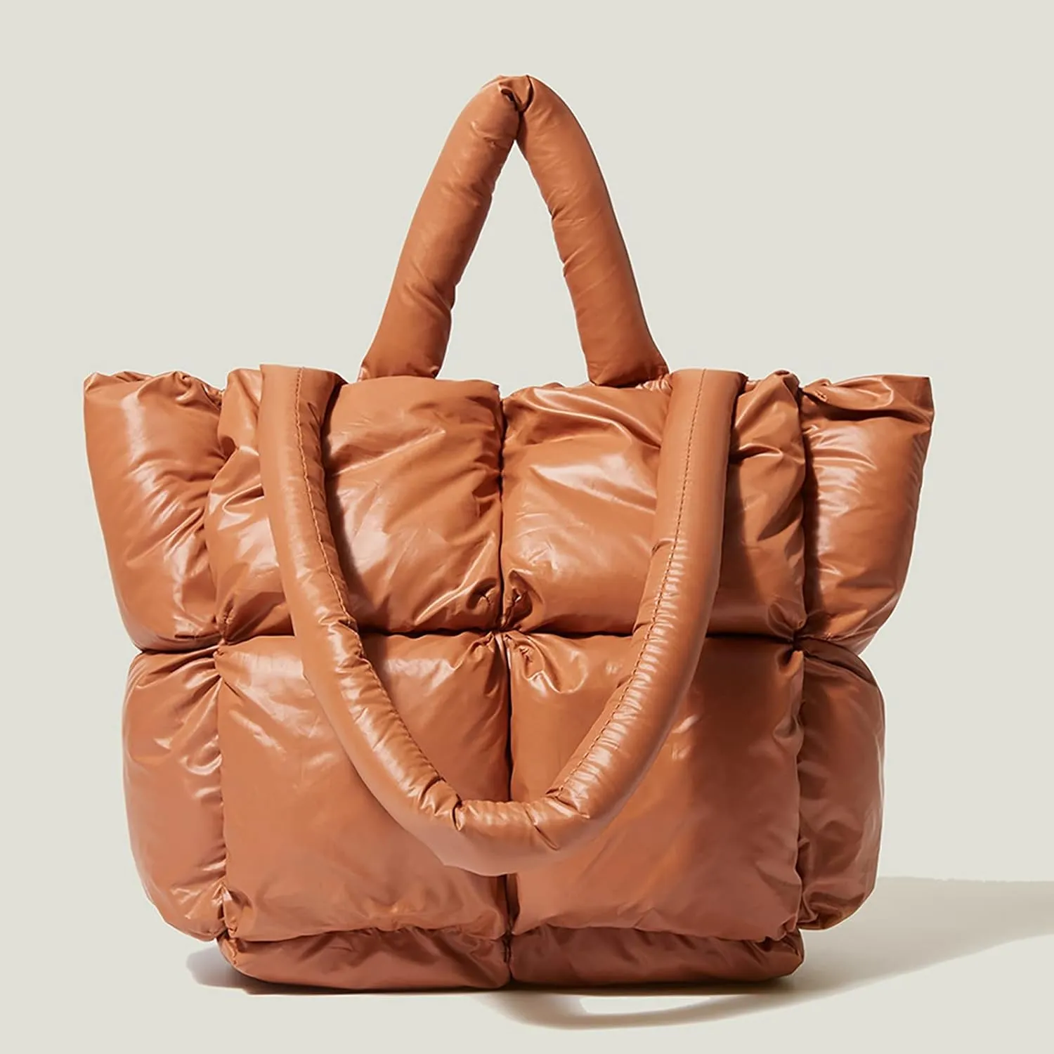 Ladies Large Quilted Tote Bag Winter Soft Quilted Shoulder Bag Down Bags Ladies Handbag Leather (Brown, One Size)