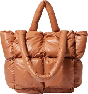 Ladies Large Quilted Tote Bag Winter Soft Quilted Shoulder Bag Down Bags Ladies Handbag Leather (Brown, One Size)