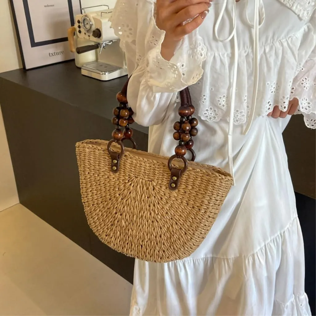 Large capacity Bag Exquisite Beaded Straw Bucket - shaped Handbag: Embark on a Pleasant Outing Journey Ladies shoulder Bag
