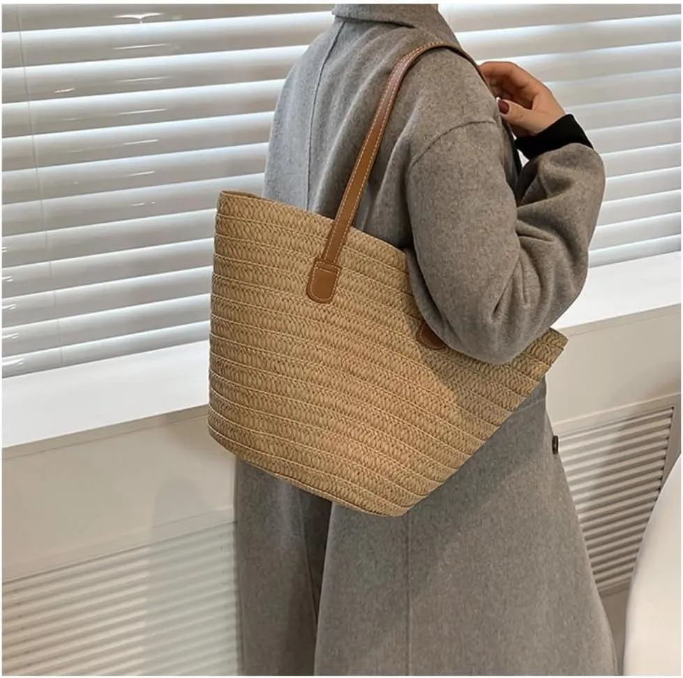 Large capacity Bag Straw Bag 2024 New Holiday Beach Straw Bag Woven Vegetable Basket Commuting Tote Bucket Ladies shoulder Bag