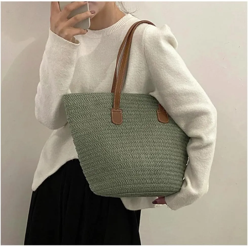 Large capacity Bag Straw Bag 2024 New Holiday Beach Straw Bag Woven Vegetable Basket Commuting Tote Bucket Ladies shoulder Bag