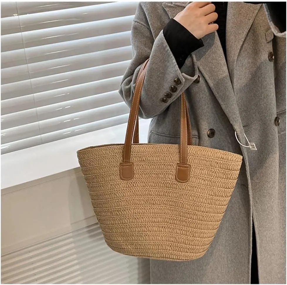 Large capacity Bag Straw Bag 2024 New Holiday Beach Straw Bag Woven Vegetable Basket Commuting Tote Bucket Ladies shoulder Bag