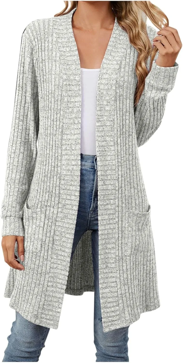 Lastesso Fall Sweaters for Women 2024 Chunky Knitted Open Front Long Cardigans with Pockets Slouchy Long Sleeve Fit Clothes