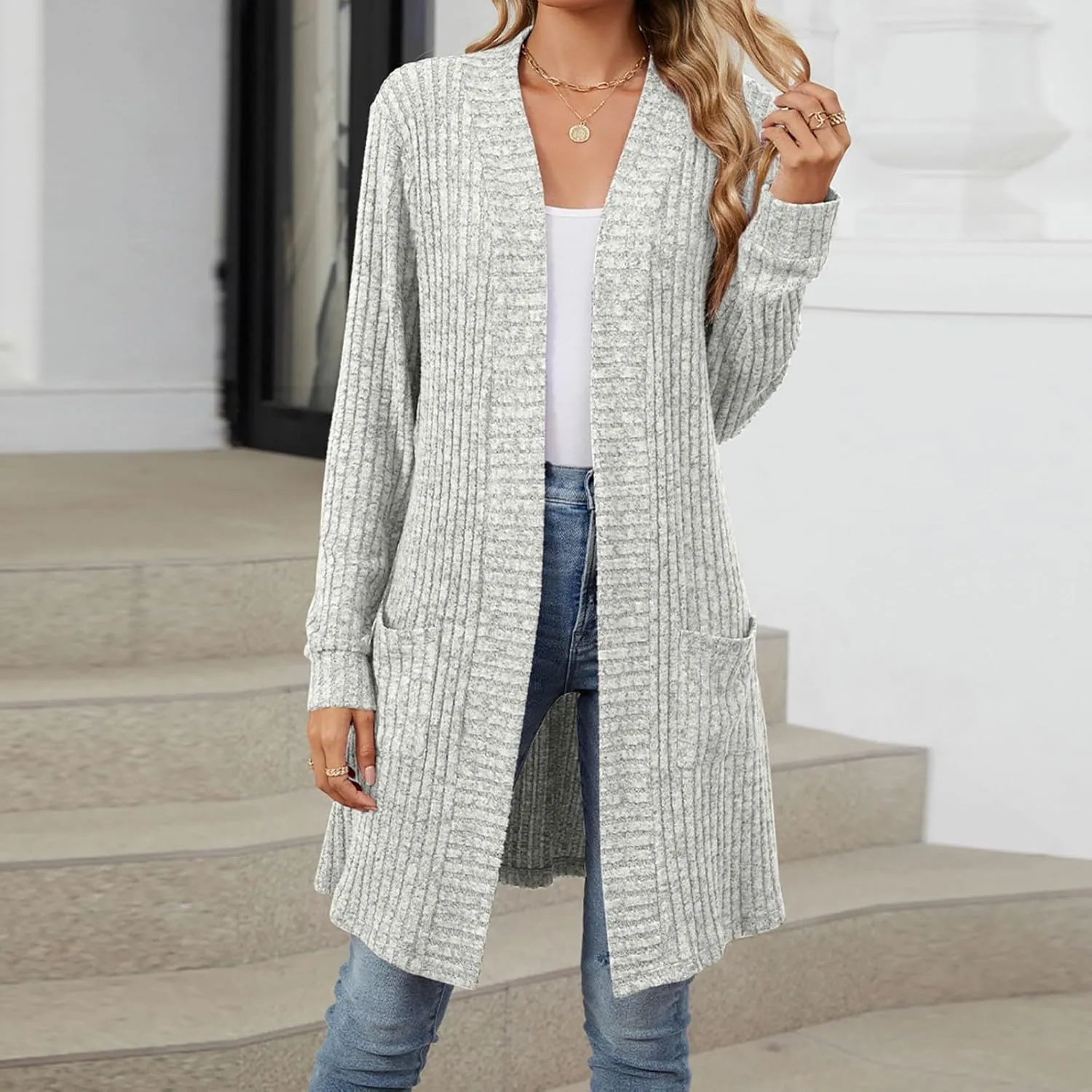 Lastesso Fall Sweaters for Women 2024 Chunky Knitted Open Front Long Cardigans with Pockets Slouchy Long Sleeve Fit Clothes
