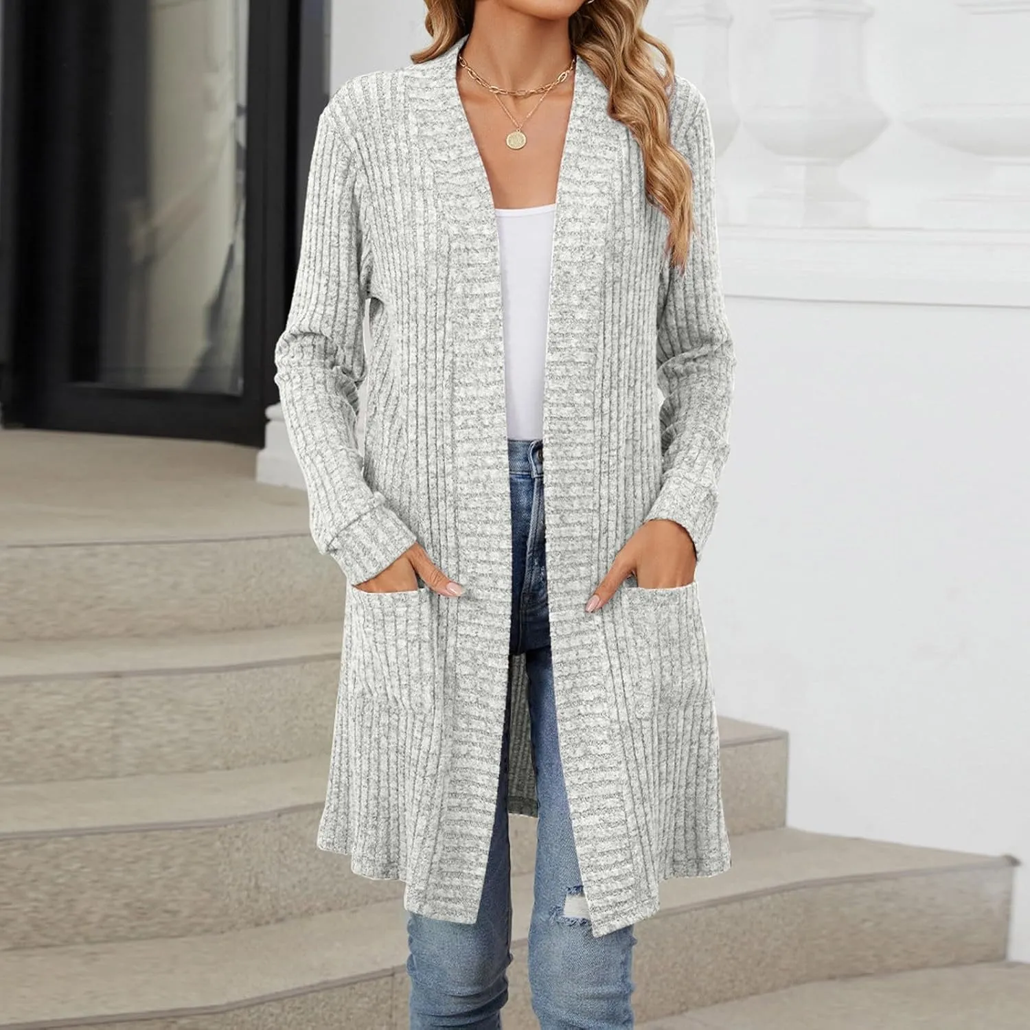 Lastesso Fall Sweaters for Women 2024 Chunky Knitted Open Front Long Cardigans with Pockets Slouchy Long Sleeve Fit Clothes