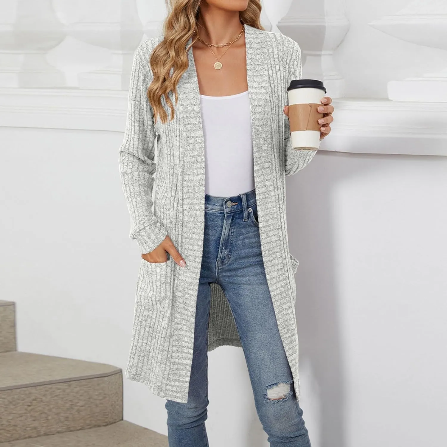 Lastesso Fall Sweaters for Women 2024 Chunky Knitted Open Front Long Cardigans with Pockets Slouchy Long Sleeve Fit Clothes
