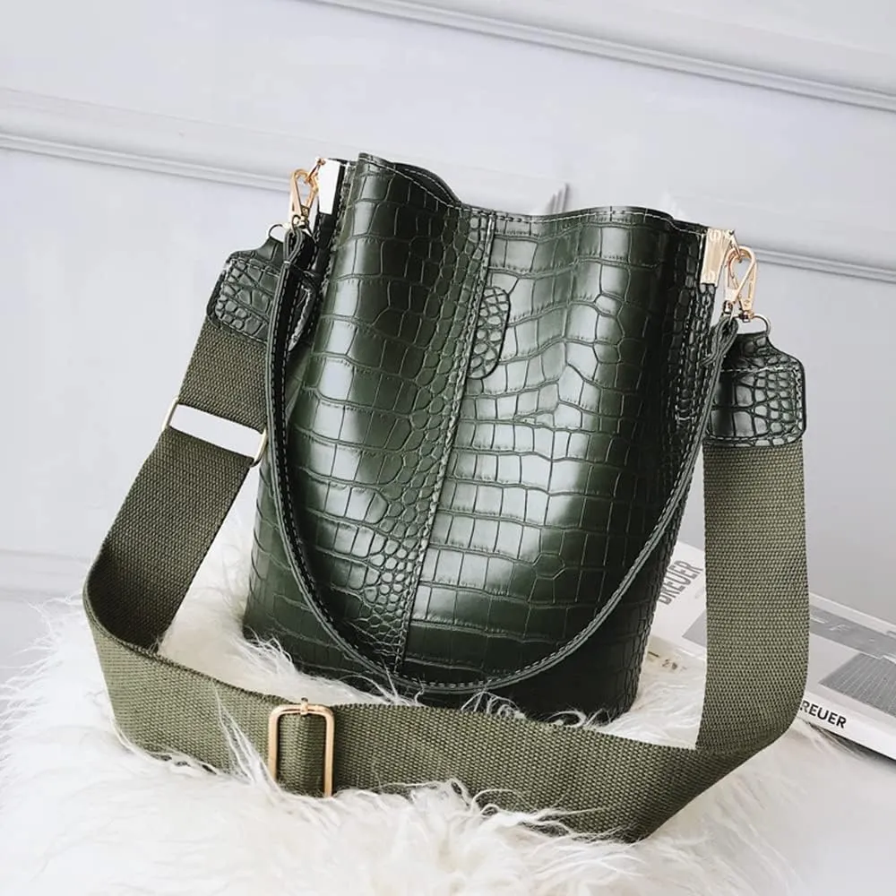 Leather Bucket Bag Crossbody Bag for Women Fashion Classic Crocodile Pattern Large Shoulder Bag Handbag Purses