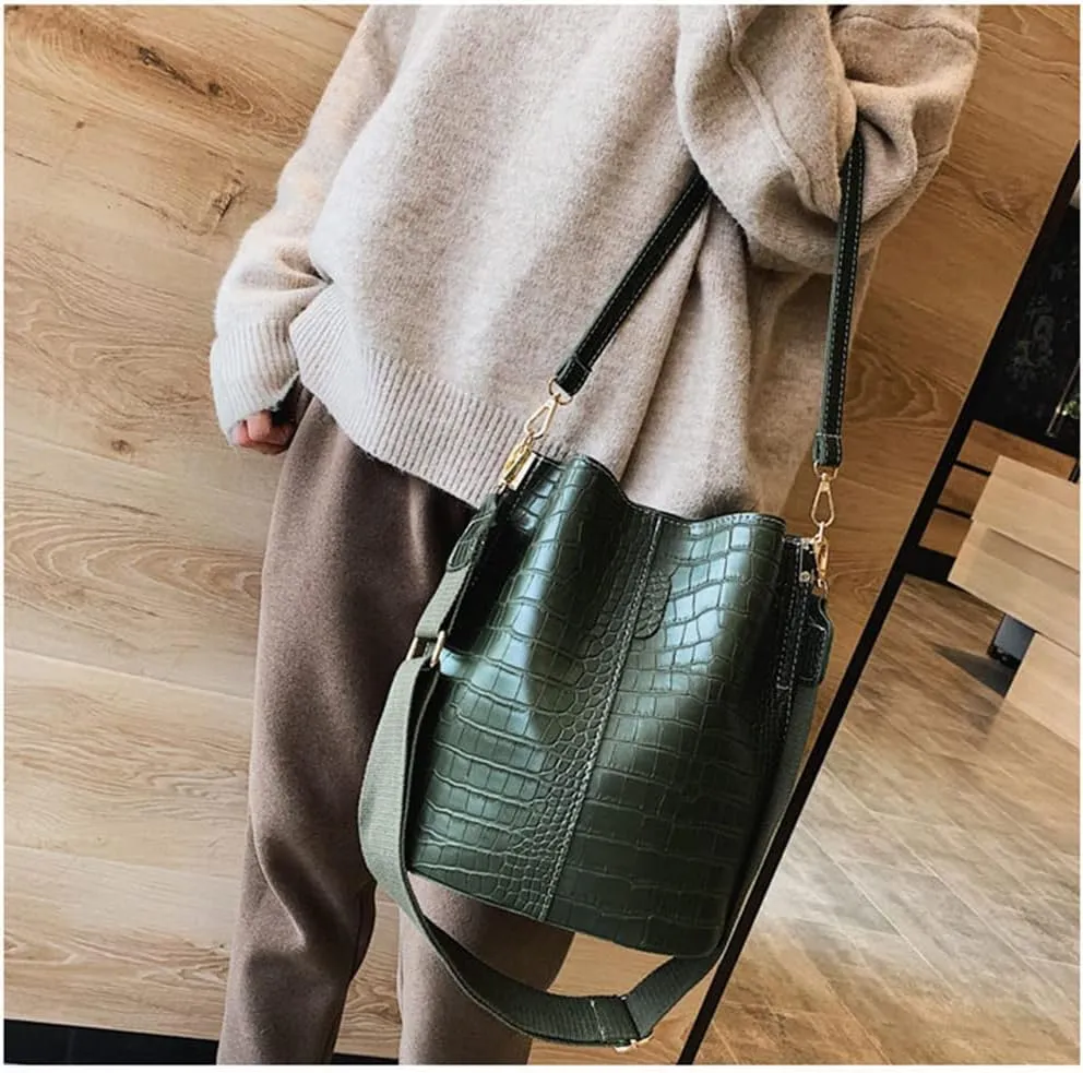 Leather Bucket Bag Crossbody Bag for Women Fashion Classic Crocodile Pattern Large Shoulder Bag Handbag Purses