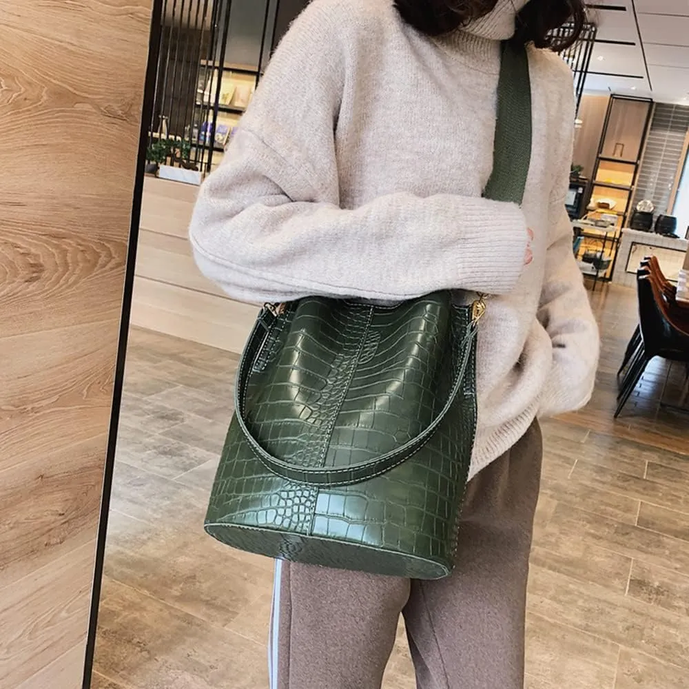 Leather Bucket Bag Crossbody Bag for Women Fashion Classic Crocodile Pattern Large Shoulder Bag Handbag Purses