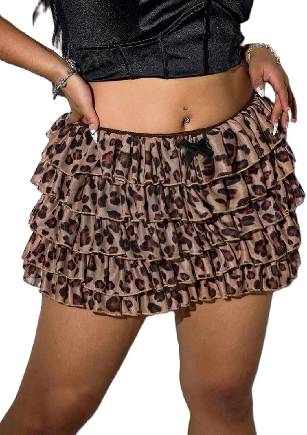 Leopard Print Ruffled Mini Skirt Lace Layered Flowy Pleated Skirt Y2k Bloomer Micro Slip Shorts Skort Skirt