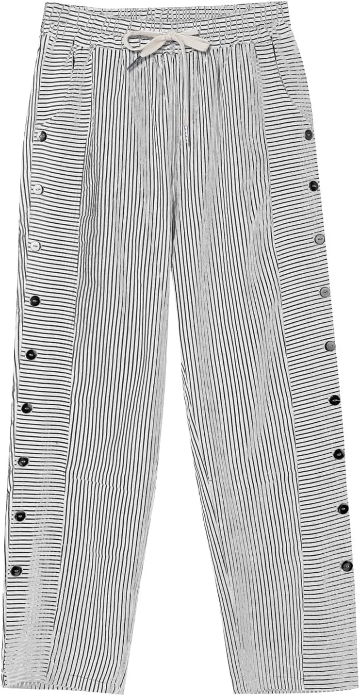 Linen Pants for Women Striped Elastic Waistband High Waistband Pocket Pants Side Nine Point Loose Casual