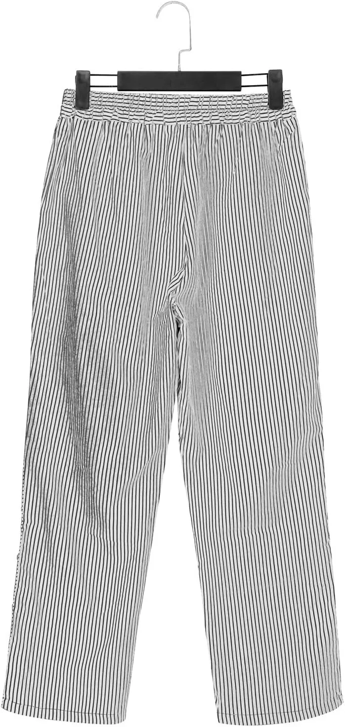 Linen Pants for Women Striped Elastic Waistband High Waistband Pocket Pants Side Nine Point Loose Casual