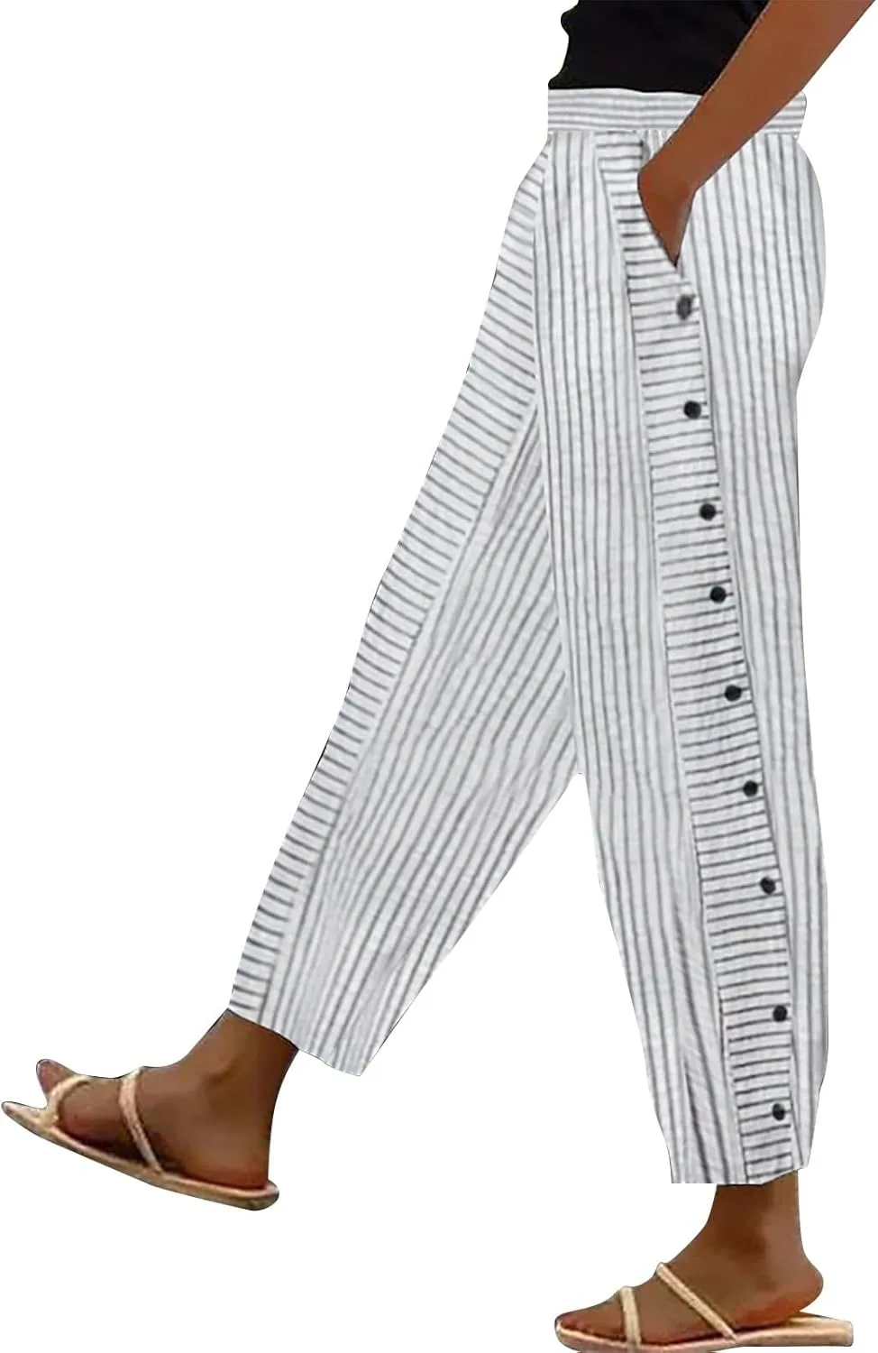 Linen Pants for Women Striped Elastic Waistband High Waistband Pocket Pants Side Nine Point Loose Casual