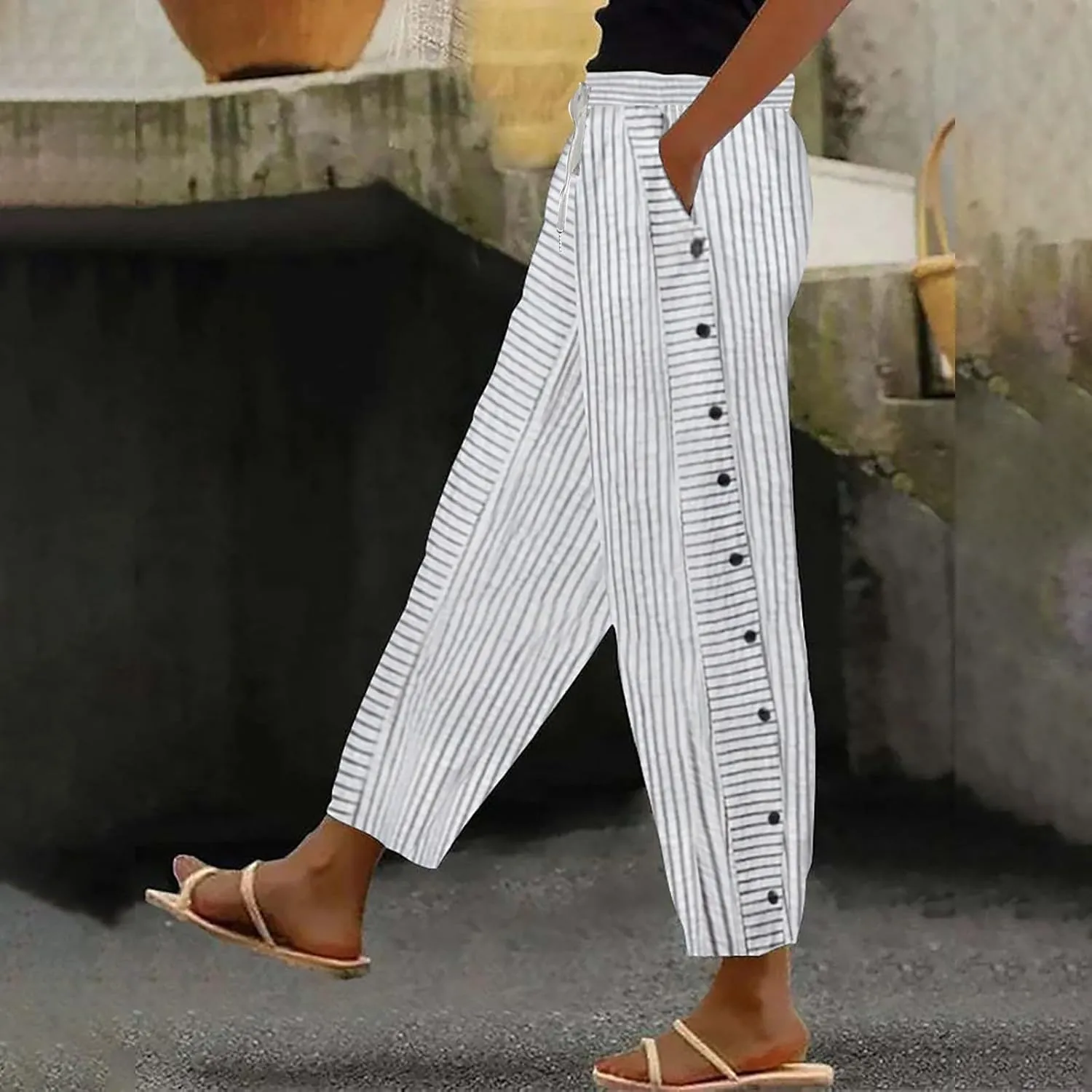 Linen Pants for Women Striped Elastic Waistband High Waistband Pocket Pants Side Nine Point Loose Casual
