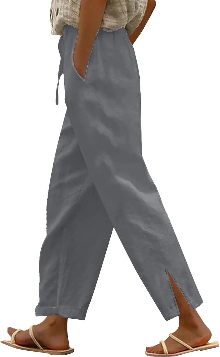 Linen Pants Women High Waisted Elastic Drawstring Beach Pants Casual Loose Lightweight Wide Leg Trousers with Pockets