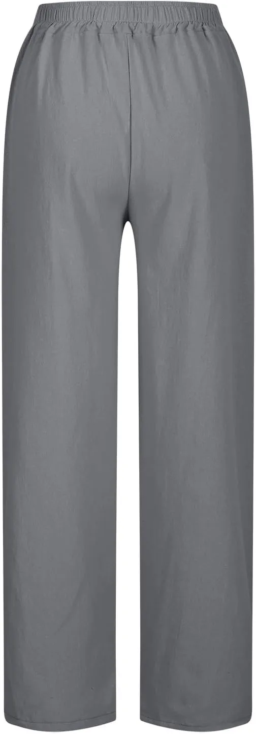 Linen Pants Women High Waisted Elastic Drawstring Beach Pants Casual Loose Lightweight Wide Leg Trousers with Pockets