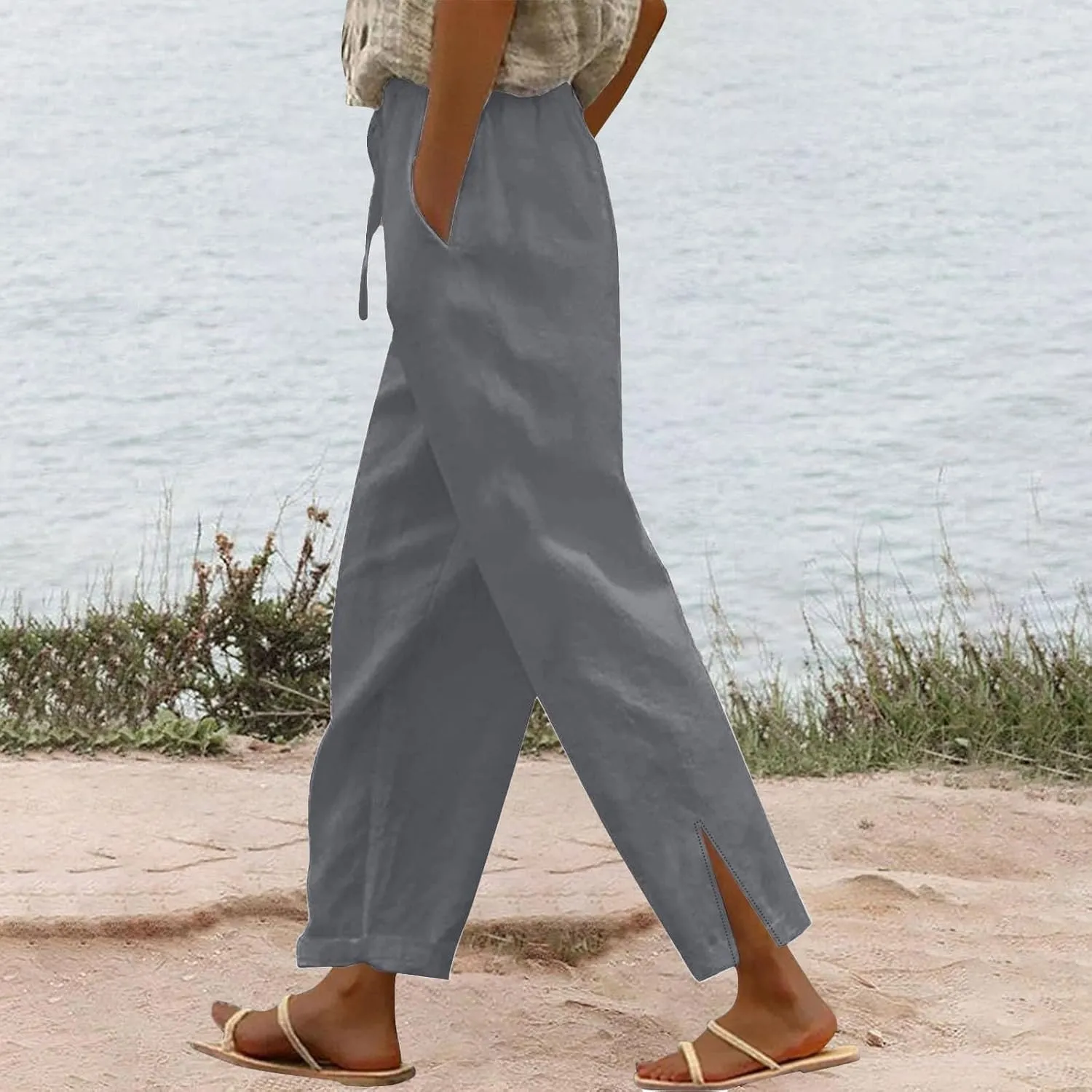Linen Pants Women High Waisted Elastic Drawstring Beach Pants Casual Loose Lightweight Wide Leg Trousers with Pockets