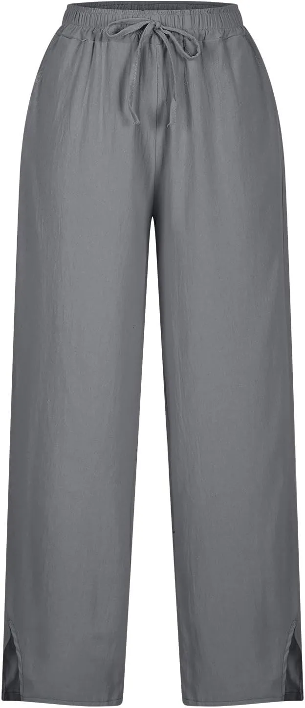 Linen Pants Women High Waisted Elastic Drawstring Beach Pants Casual Loose Lightweight Wide Leg Trousers with Pockets