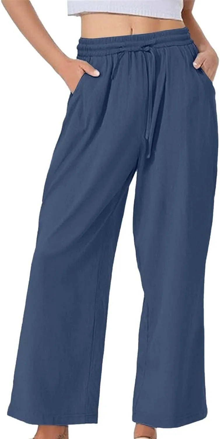 Linen Pants Women Summer Wide Leg Tall Beach Pants Petite High Waist Palazzo Casual Loose Flowly Trousers with Pockets