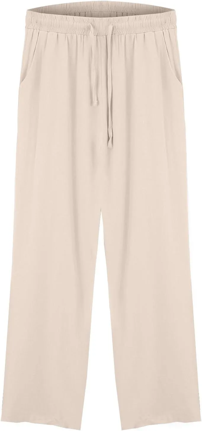 Linen Pants Women Summer Wide Leg Tall Beach Pants Petite High Waist Palazzo Casual Loose Flowly Trousers with Pockets