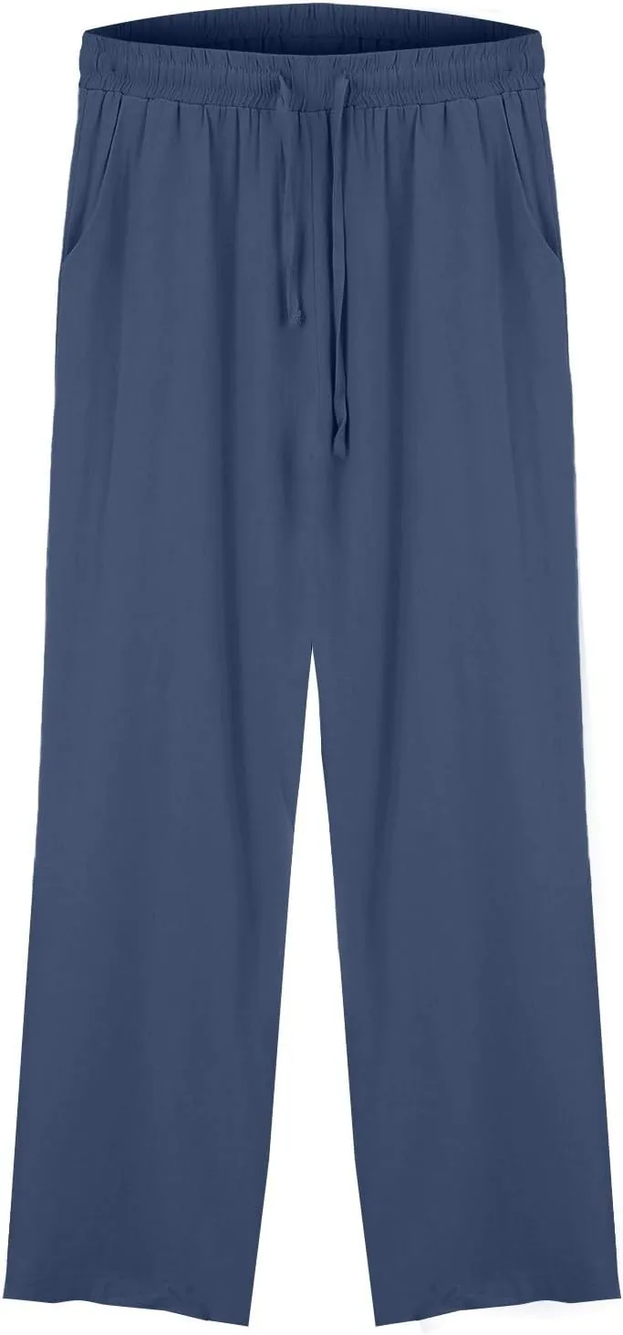 Linen Pants Women Summer Wide Leg Tall Beach Pants Petite High Waist Palazzo Casual Loose Flowly Trousers with Pockets