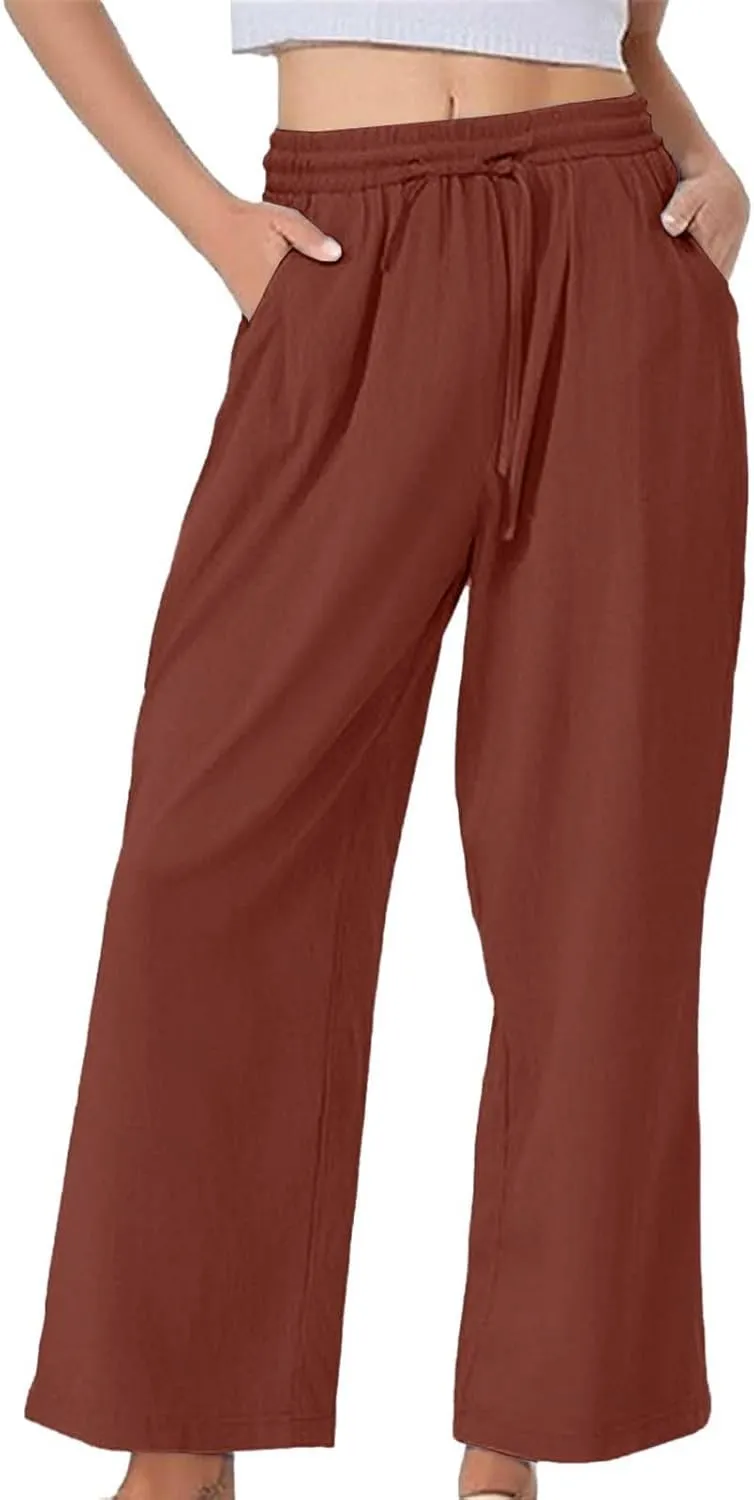 Linen Pants Women Summer Wide Leg Tall Beach Pants Petite High Waist Palazzo Casual Loose Flowly Trousers with Pockets