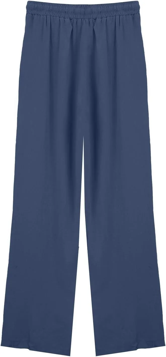 Linen Pants Women Summer Wide Leg Tall Beach Pants Petite High Waist Palazzo Casual Loose Flowly Trousers with Pockets