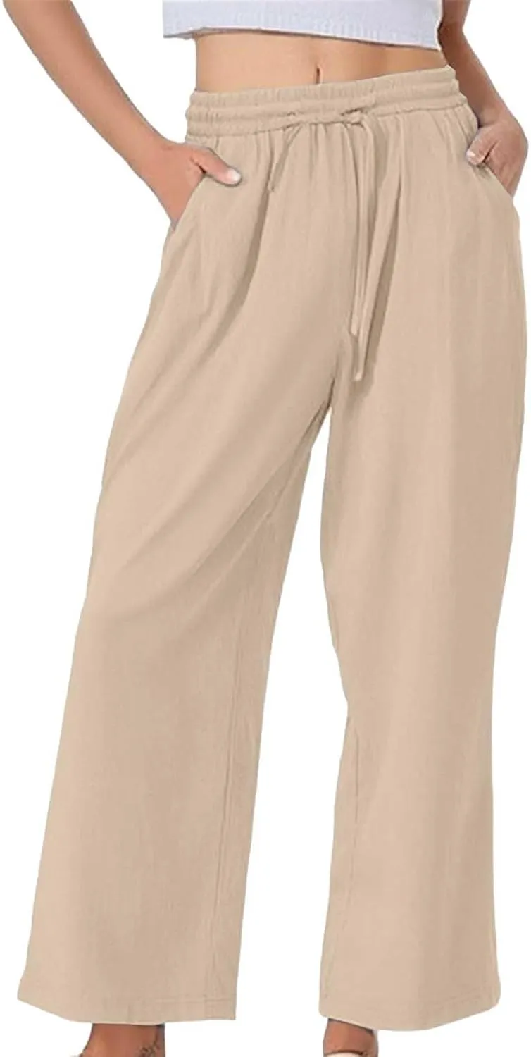 Linen Pants Women Summer Wide Leg Tall Beach Pants Petite High Waist Palazzo Casual Loose Flowly Trousers with Pockets