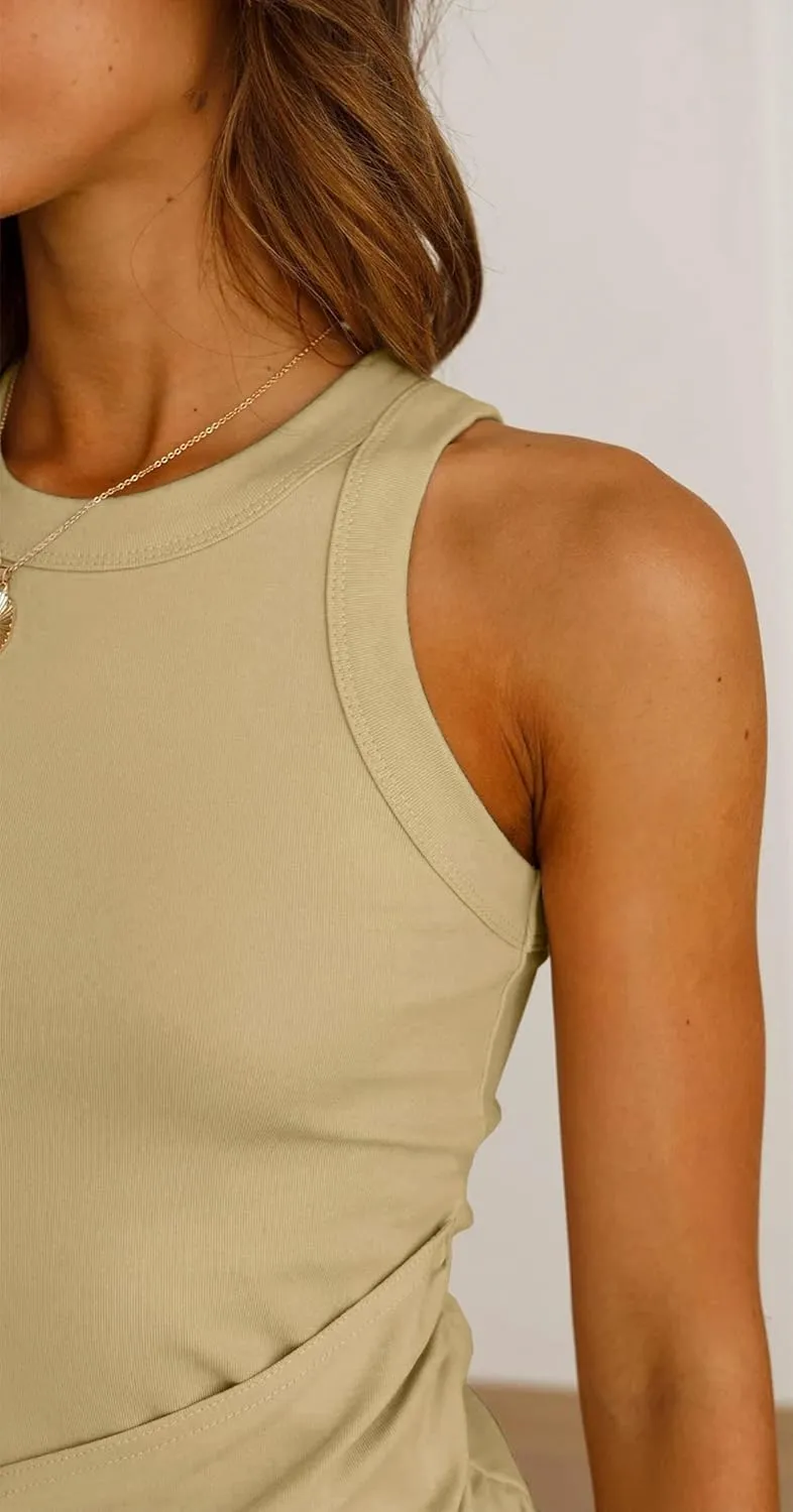 LIYOHON Women's Summer Casual Beach Dress Sleeveless Ruched Tie Tank Bodycon Wrap Mini Dresses