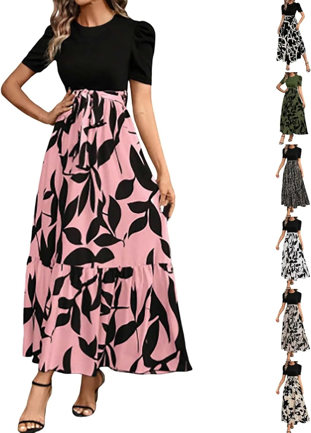 Long Boho Floral Dresses for Women Sumemr Elegant Tie Belted Patchwork Short Sleeve Modest Dresses Flowy Maxi Skirts