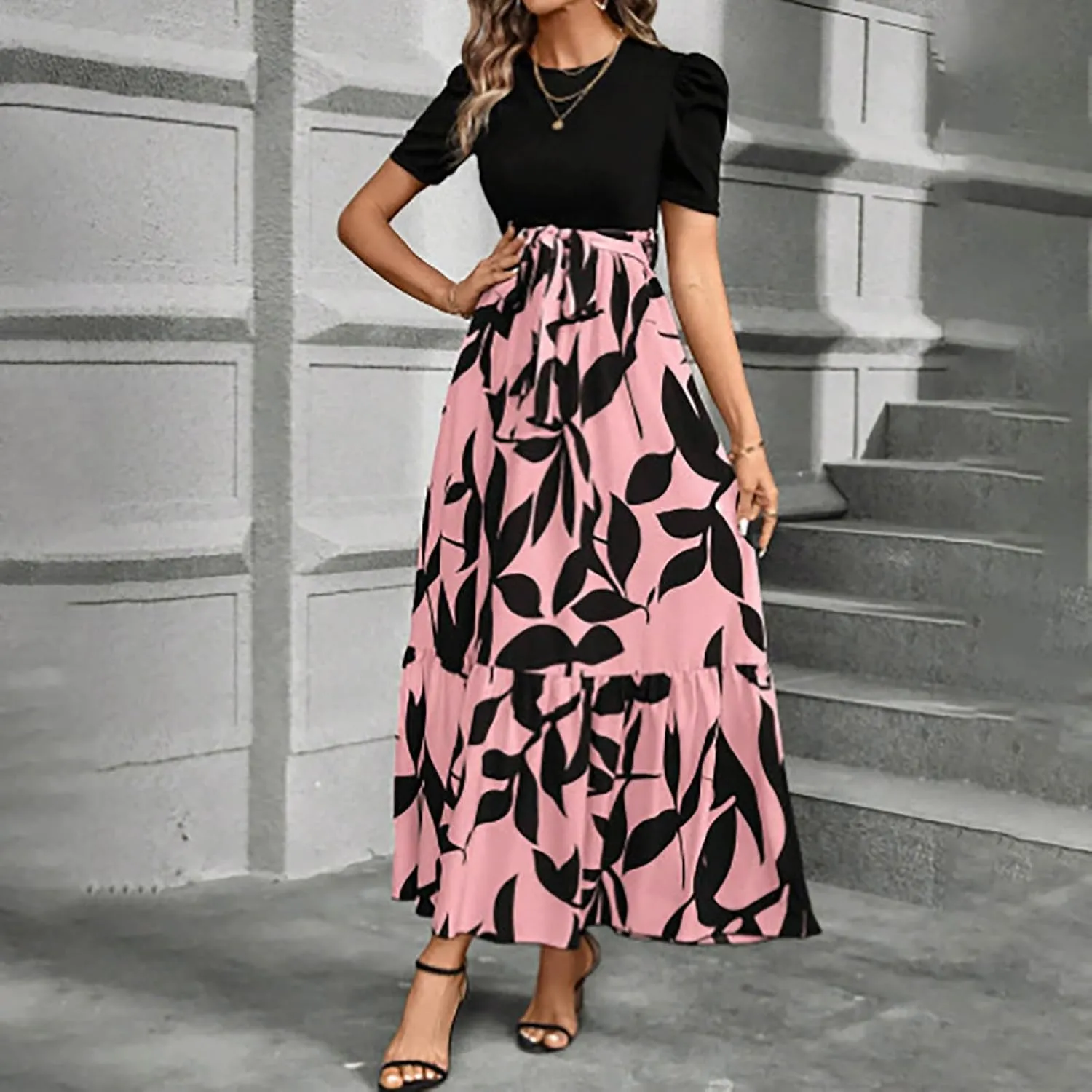 Long Boho Floral Dresses for Women Sumemr Elegant Tie Belted Patchwork Short Sleeve Modest Dresses Flowy Maxi Skirts