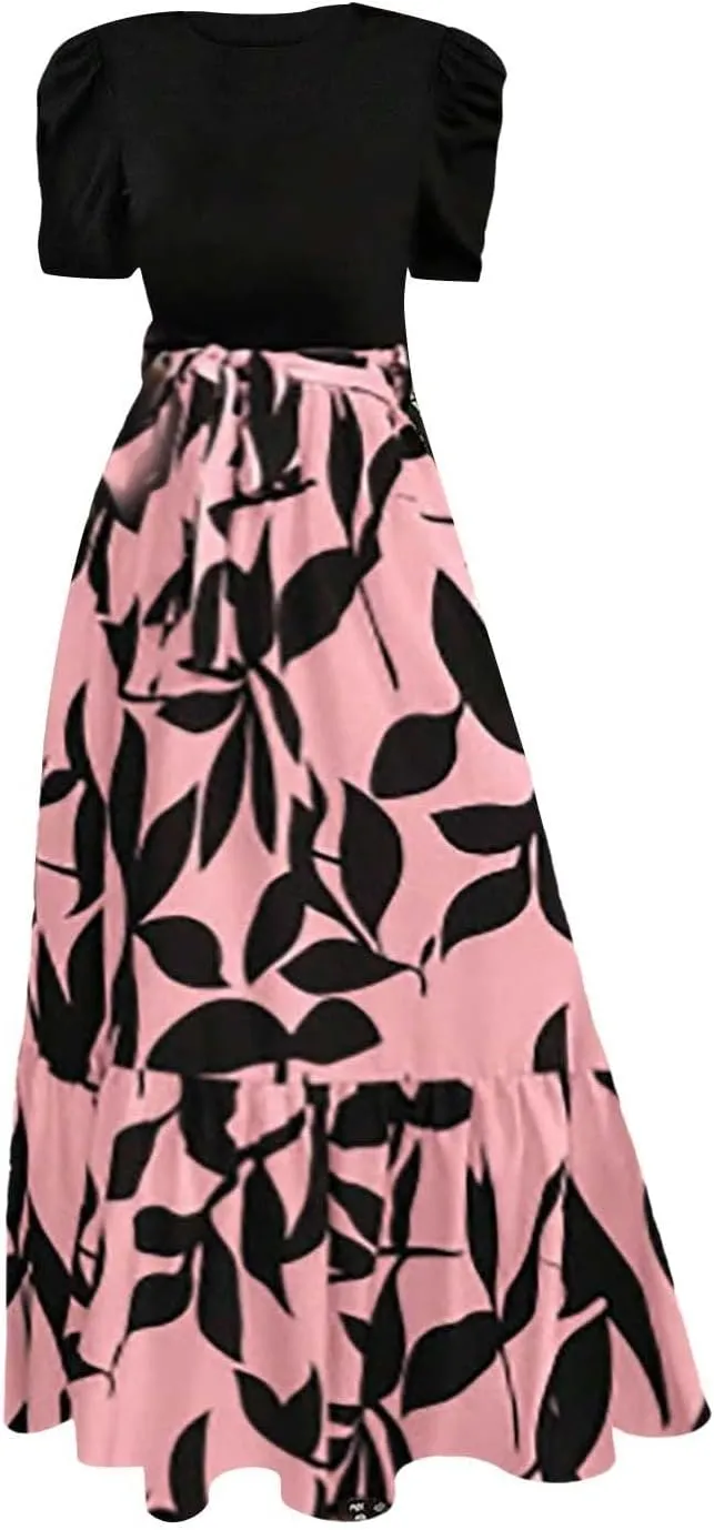Long Boho Floral Dresses for Women Sumemr Elegant Tie Belted Patchwork Short Sleeve Modest Dresses Flowy Maxi Skirts