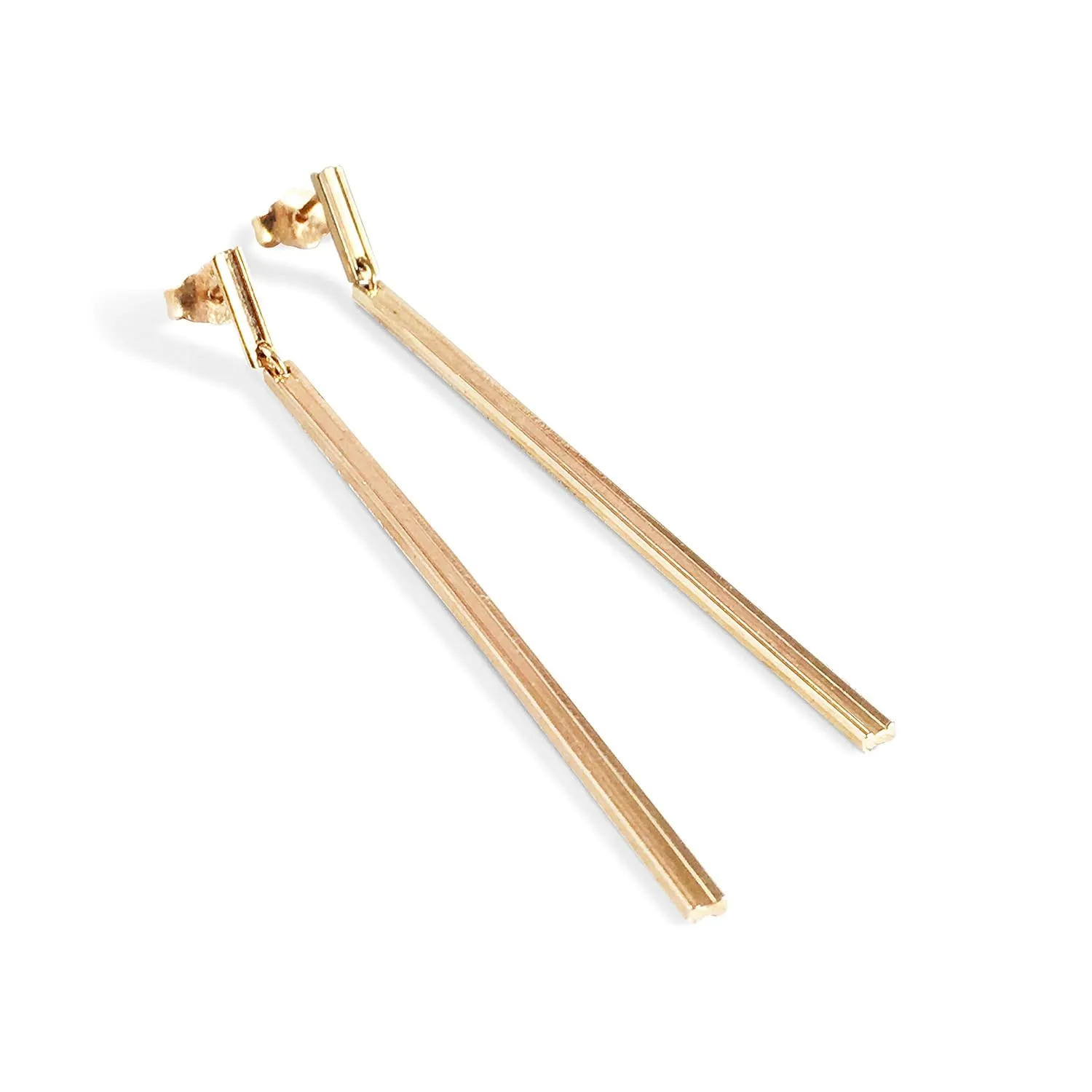 Long Dangle Stud Earrings, 18k Gold Plated Sterling Silver, Straight Bar Post, Polished Finish, Handmade by Claudia Lira. Perfect Gift Sets