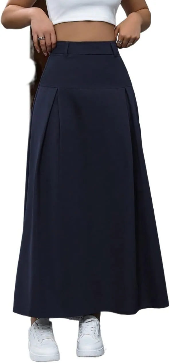 Long Midi Skirts For Women Solid Pleated Long Skirt A-Line
