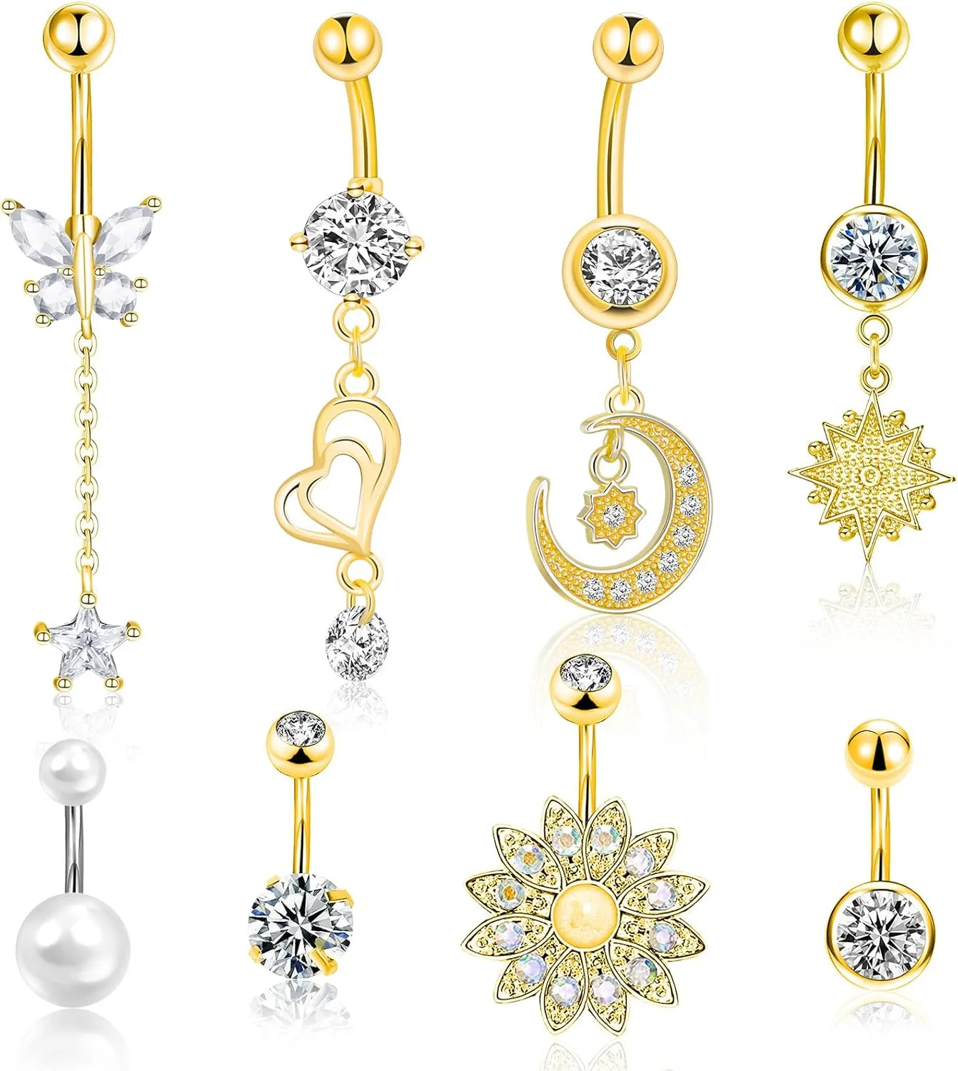 Lucomb Belly Rings for Women, 14G Belly Button Rings for Women Stainless Steel Dangle Belly Piercings Jewelry Rings with Hear Moon Butterfly Flowers