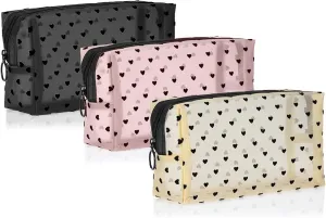 LYDZTION 3PCS Love Mesh Makeup Bag Clear Makeup Bag Love Mesh Travel Toiletry Bag with Zipper,Travel Toiletry Bag Cosmetics Makeup Brushes Organizer(Black,Pink,Beige)