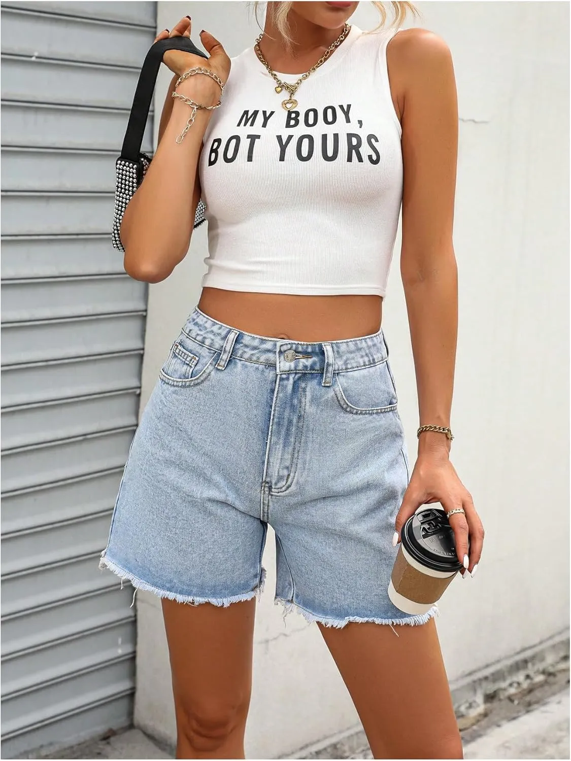 MakeMeChic Women's High Waist Jean Shorts Casual Raw Hem Straight Leg Summer Denim Shorts