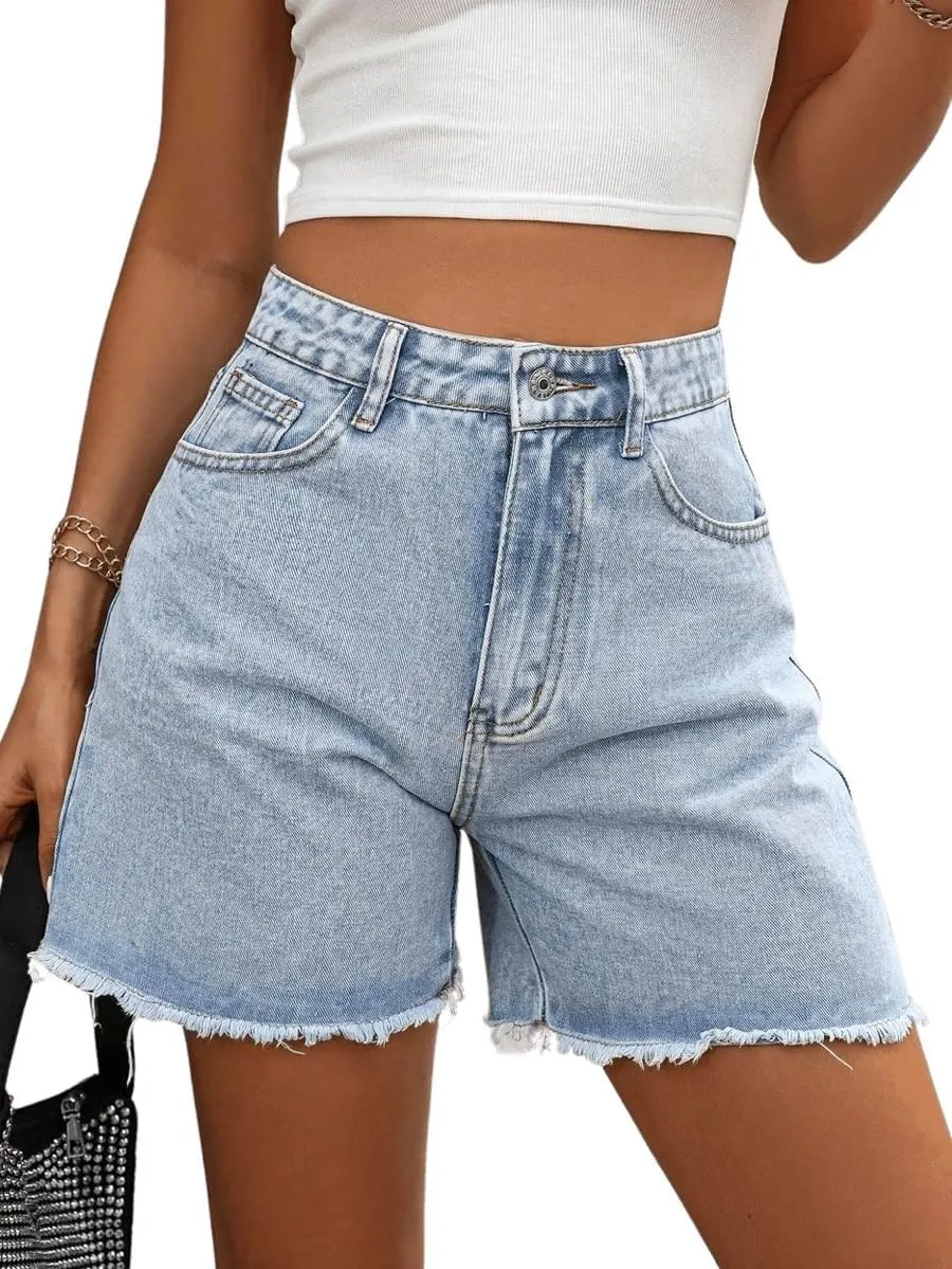 MakeMeChic Women's High Waist Jean Shorts Casual Raw Hem Straight Leg Summer Denim Shorts