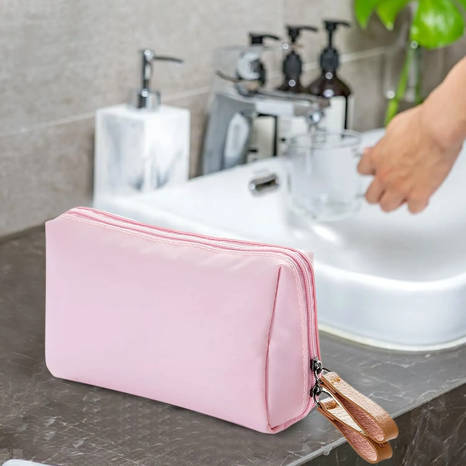 Makeup Bags for Women with Zipper 6.6*4.3 Inch Pu Leather Waterproof Portable Pouch Open Flat Hanging Toiletry Bag for Women Cosmetic Bag for Purse for Women Wife Girlfriend Valentines Day Gifts