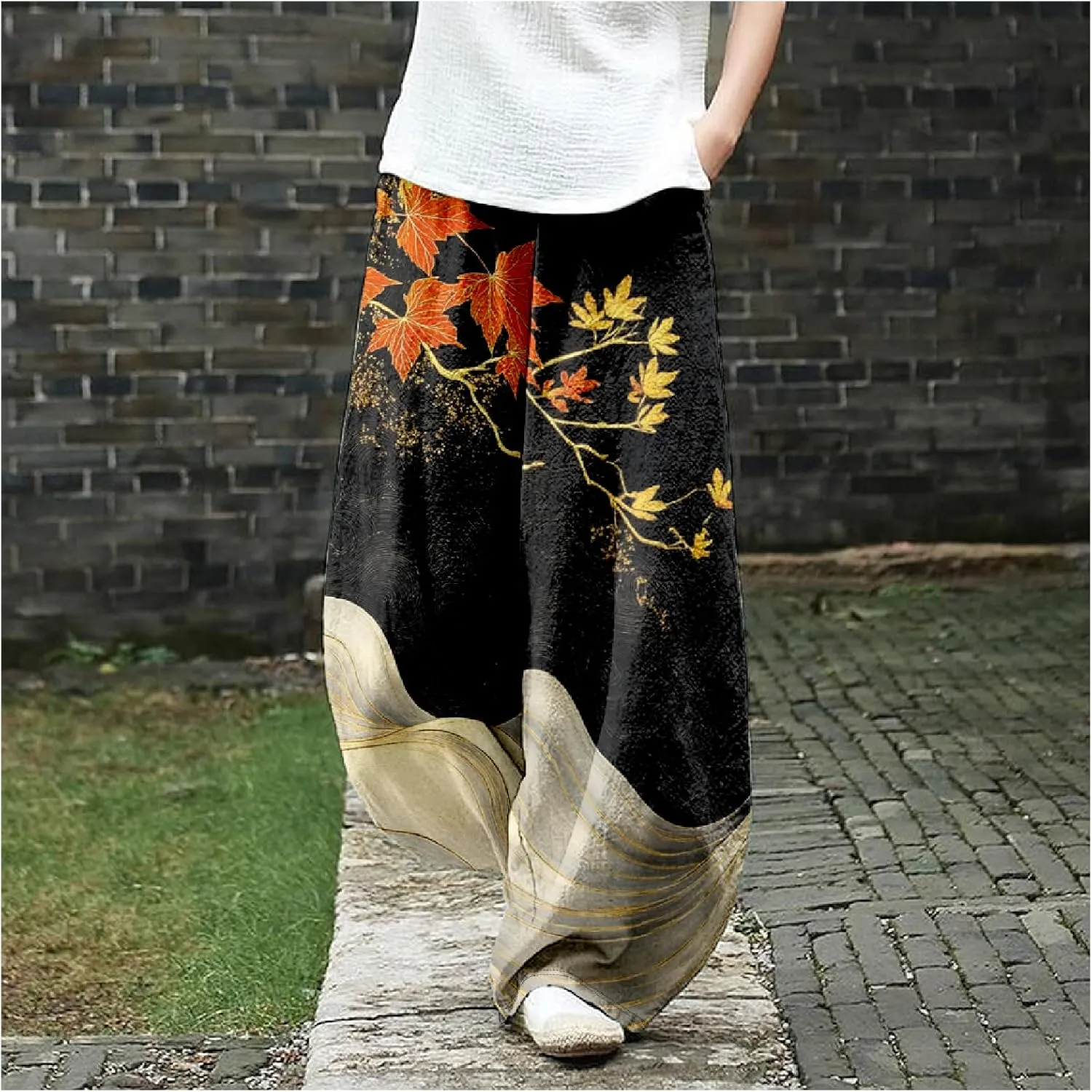 MARSVOVO Baggy Sweatpants for Women Wide Leg Harem Pants Woman Landscape Ink Painting Print Casual Culottes with Pockets