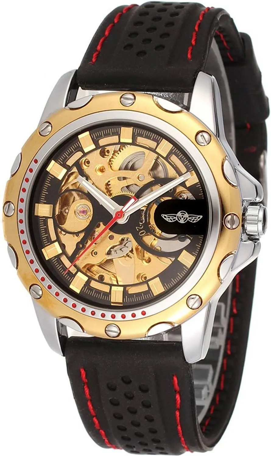 MASTOP Black Silicone Golden Skeleton Automatic Mechanical Mens Sport Watch