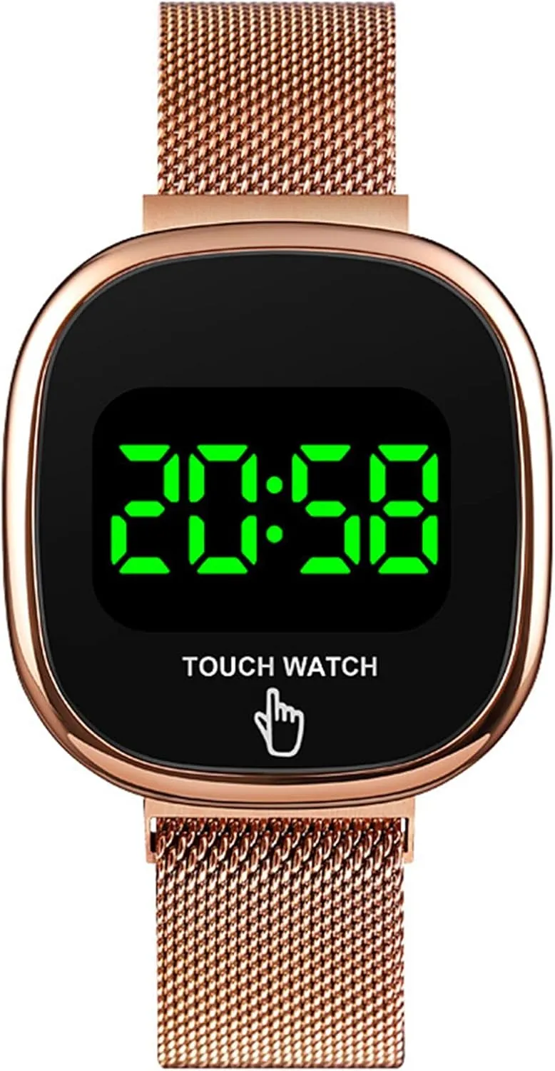 MASTOP Unisex Electronic LED Digital WatchStainless Mesh Band Waterproof Date Touch Screen Magnetic Clasp (Rose Gold a)