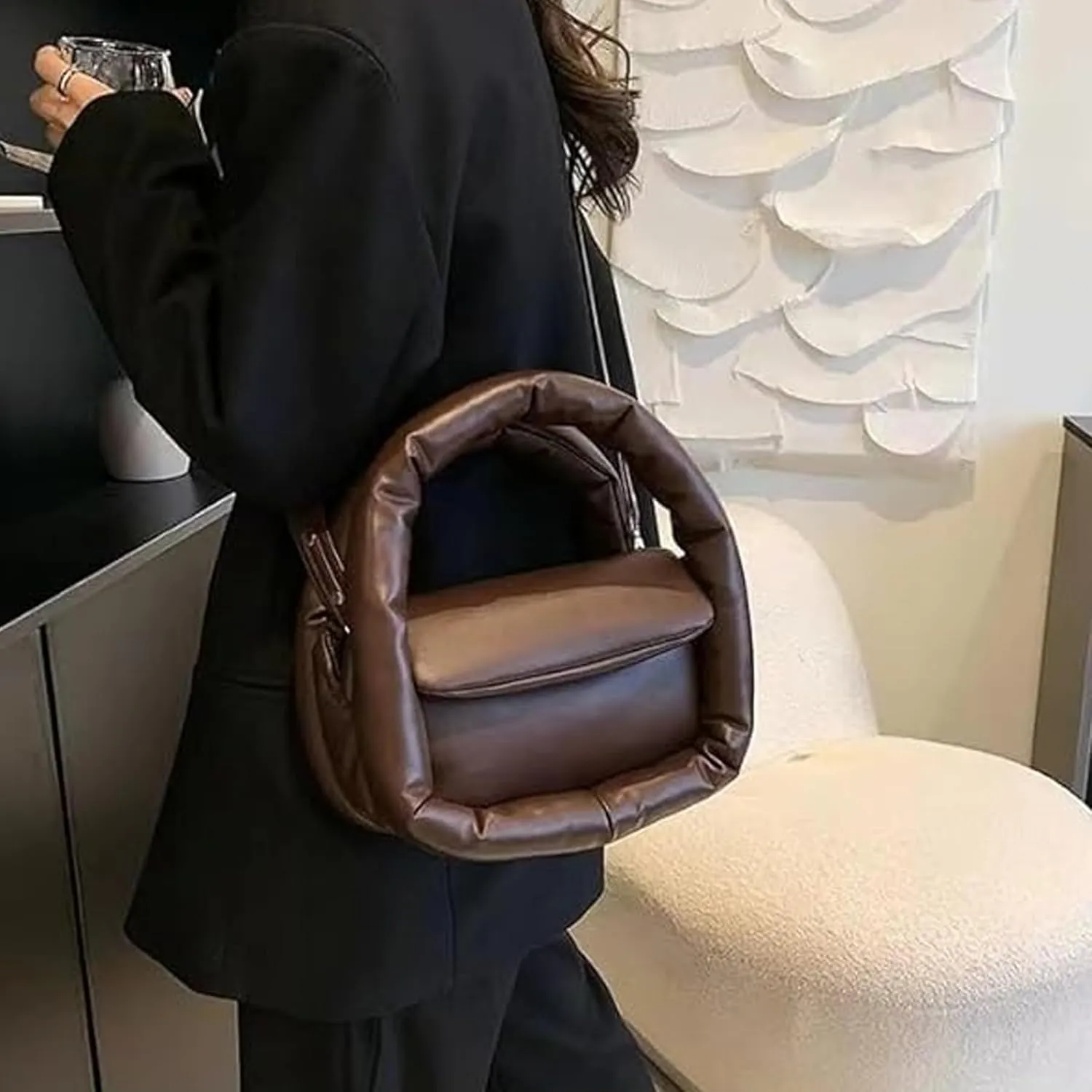 Medium Puffer Bag for Women Padded Pu Leather Satchel Bags Lightweight Top Handle Purses Shoulder Bag Crossbody Bag