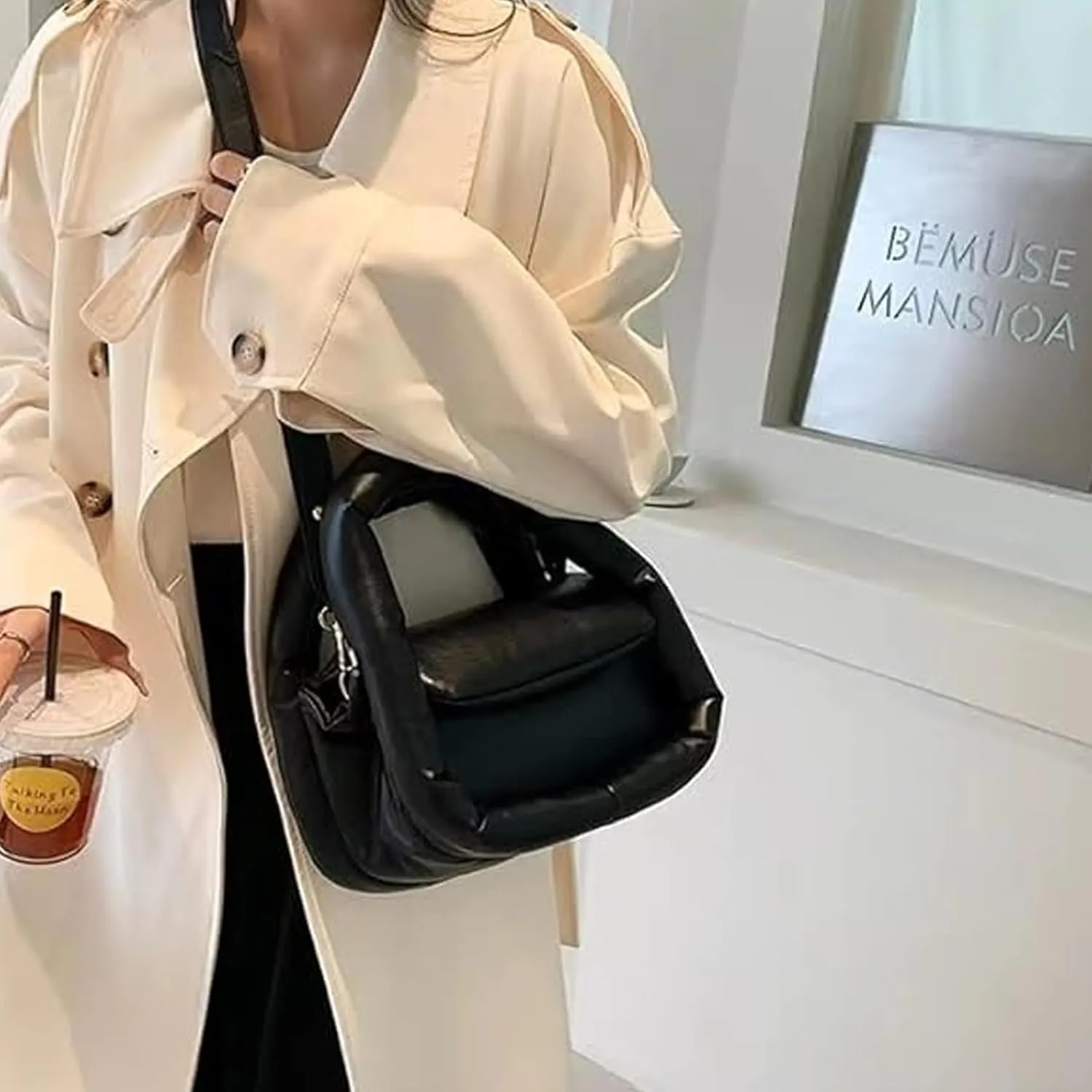 Medium Puffer Bag for Women Padded Pu Leather Satchel Bags Lightweight Top Handle Purses Shoulder Bag Crossbody Bag